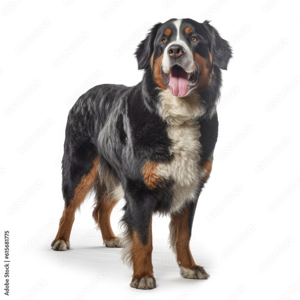 A full body shot of an affectionate Bernese Mountain Dog (Canis lupus familiaris)