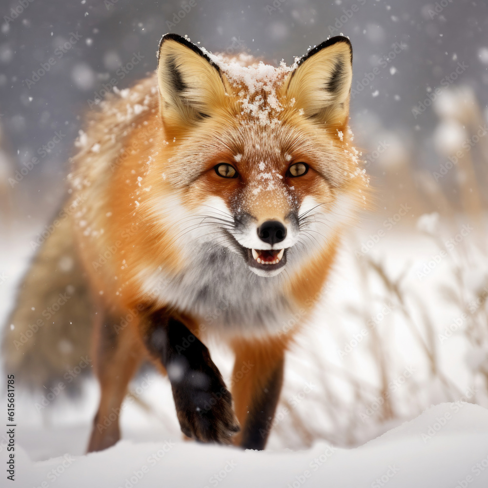 A Red Fox (Vulpes vulpes) hunting in the snow