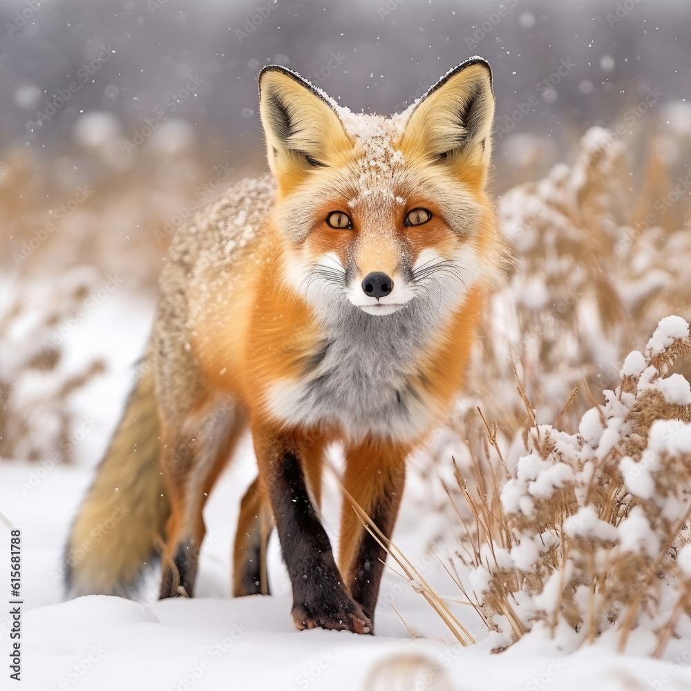 A Red Fox (Vulpes vulpes) hunting in the snow