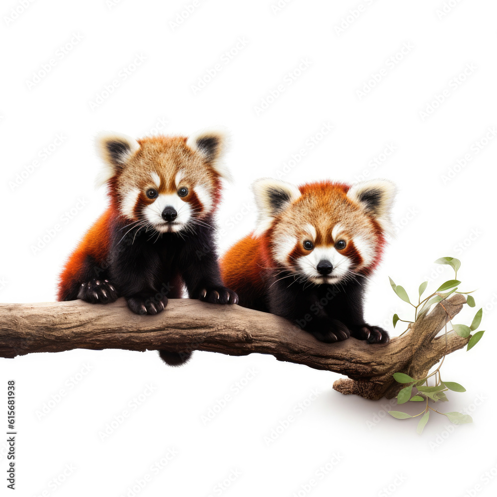 Two Red Pandas (Ailurus fulgens) on a tree branch