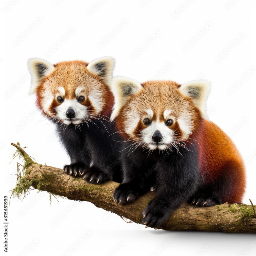 Two Red Pandas (Ailurus fulgens) on a tree branch