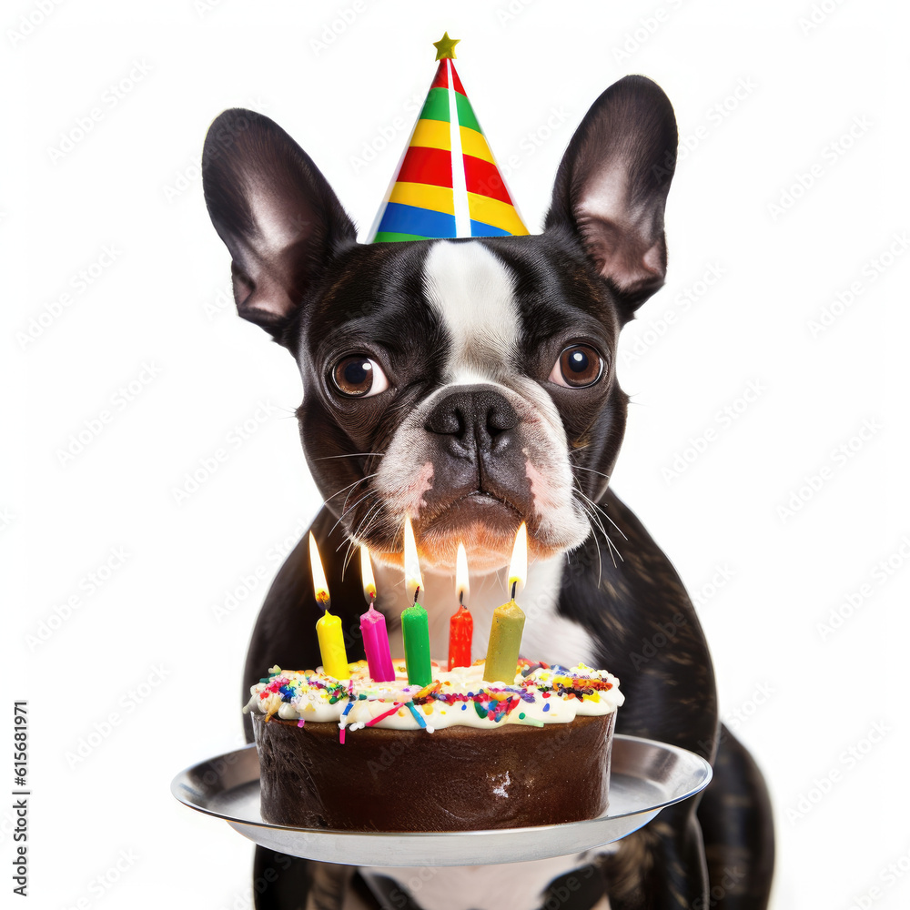 Boston Terrier (Canis lupus familiaris) wearing party hat, blowing out candles on cake