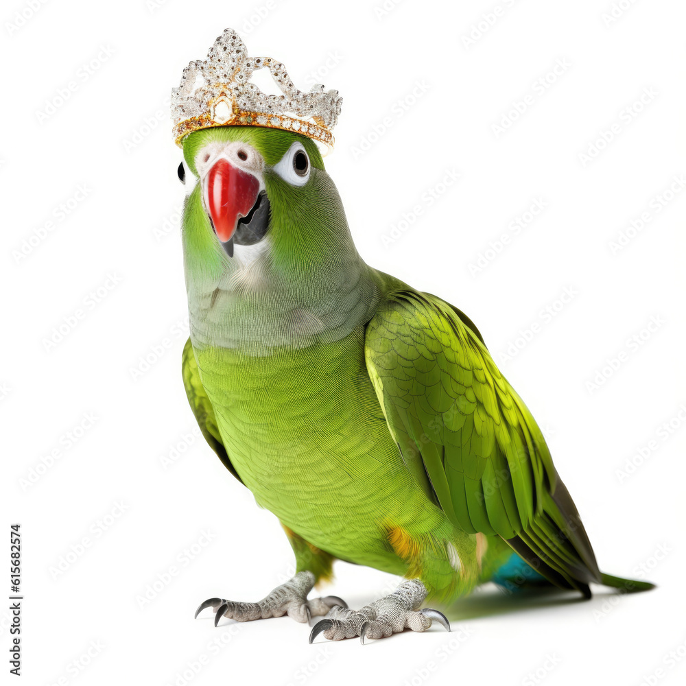 A Parrot (Psittacus erithacus) wearing a diamond tiara