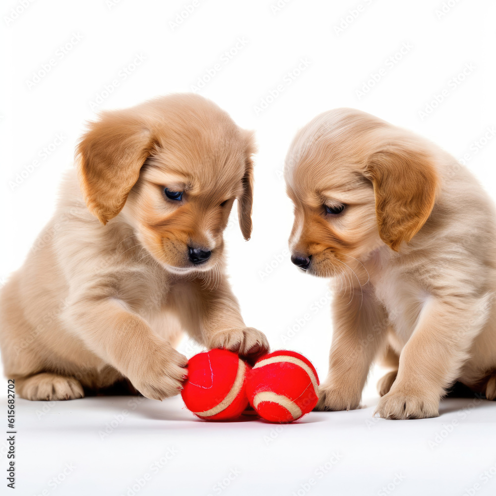 Two Puppies (Canis lupus familiaris) playing with a toy