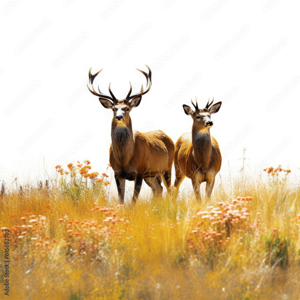 Two Deer (Cervus elaphus) grazing in a meadow