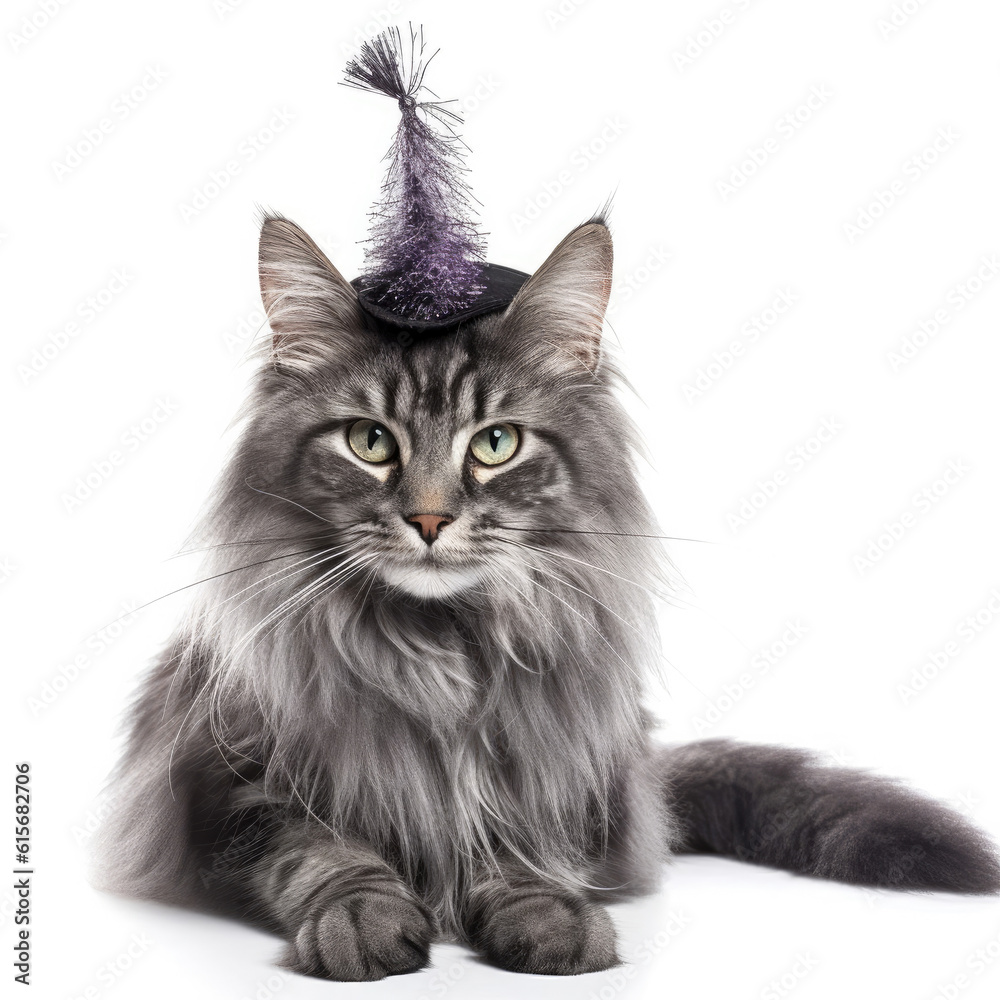 A Maine Coon (Felis catus) with a magicians hat and wand