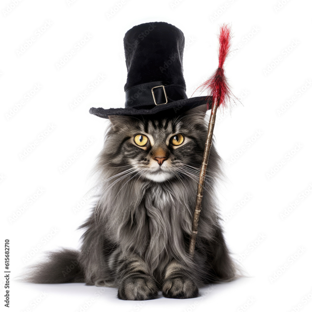 A Maine Coon (Felis catus) with a magicians hat and wand