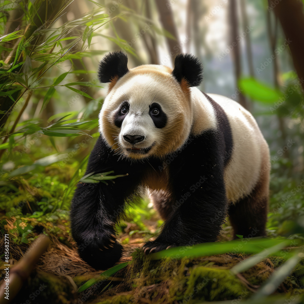 A Giant Panda (Ailuropoda melanoleuca) in the bamboo forest