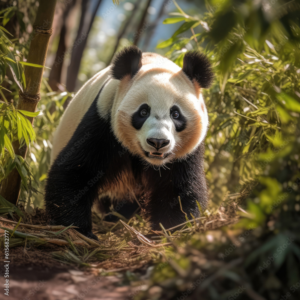 A Giant Panda (Ailuropoda melanoleuca) in the bamboo forest