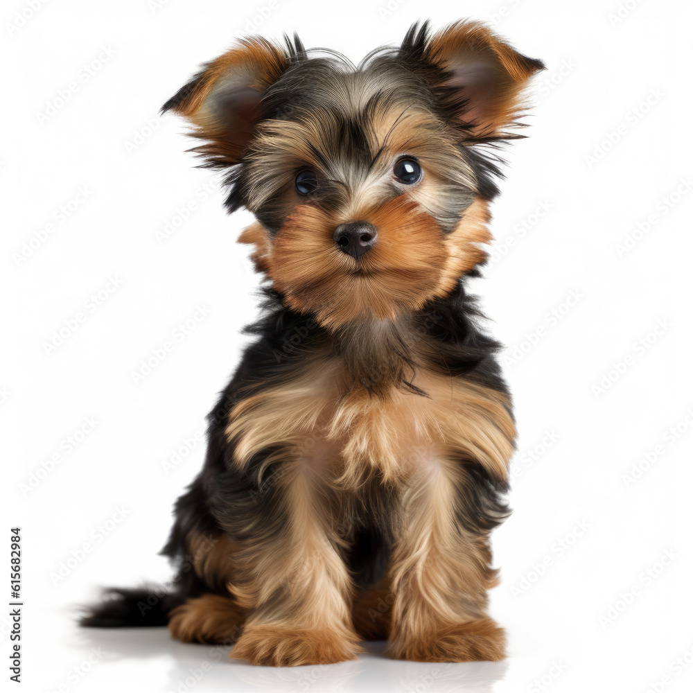 A full body shot of an adorable Yorkshire Terrier puppy (Canis lupus familiaris)