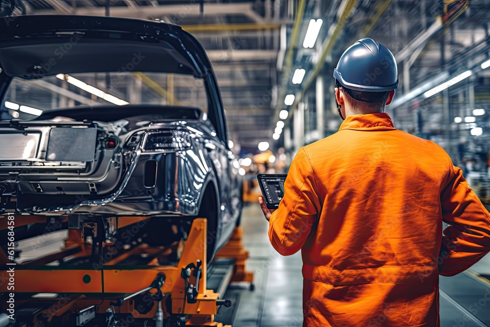 An Engineer use tablet for working at Automotive production line. Car Assembly plant. Generative Ai