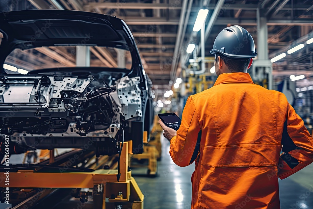 An Engineer use tablet for working at Automotive production line. Car Assembly plant. Generative Ai