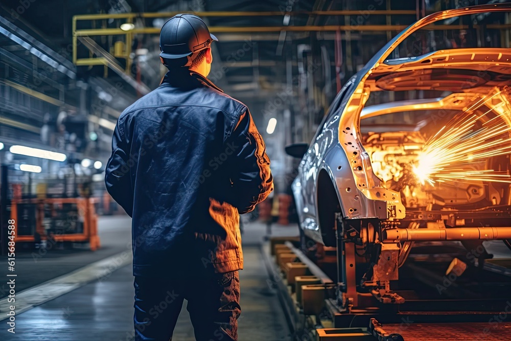 An Engineer use tablet for working at Automotive production line. Car Assembly plant. Generative Ai