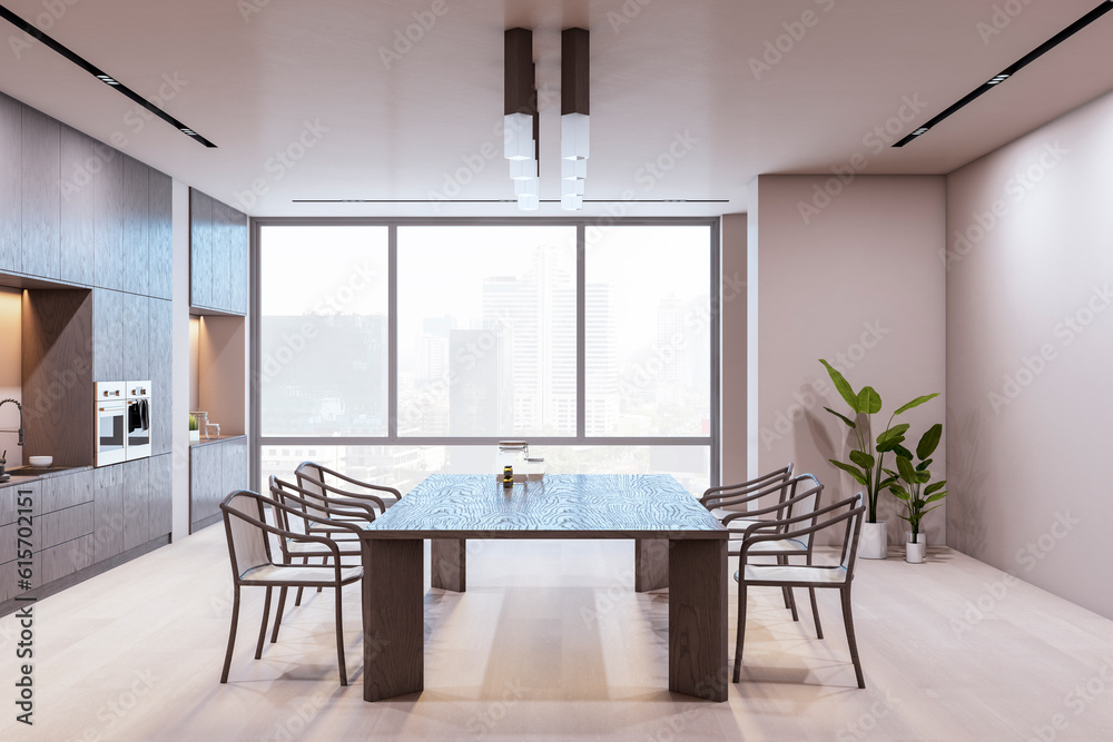 Side view of modern kitchen interior design with wooden dining table with chairs, white and grey wal