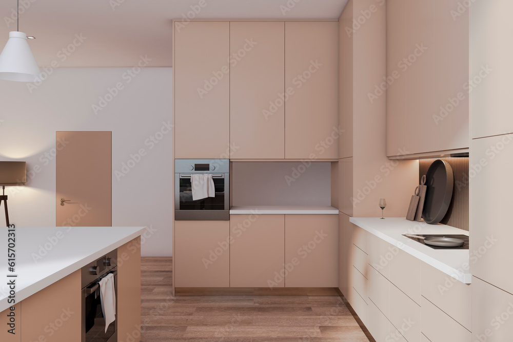 Empty modern kitchen interior with wooden floor and beige and white walls. 3D Rendering