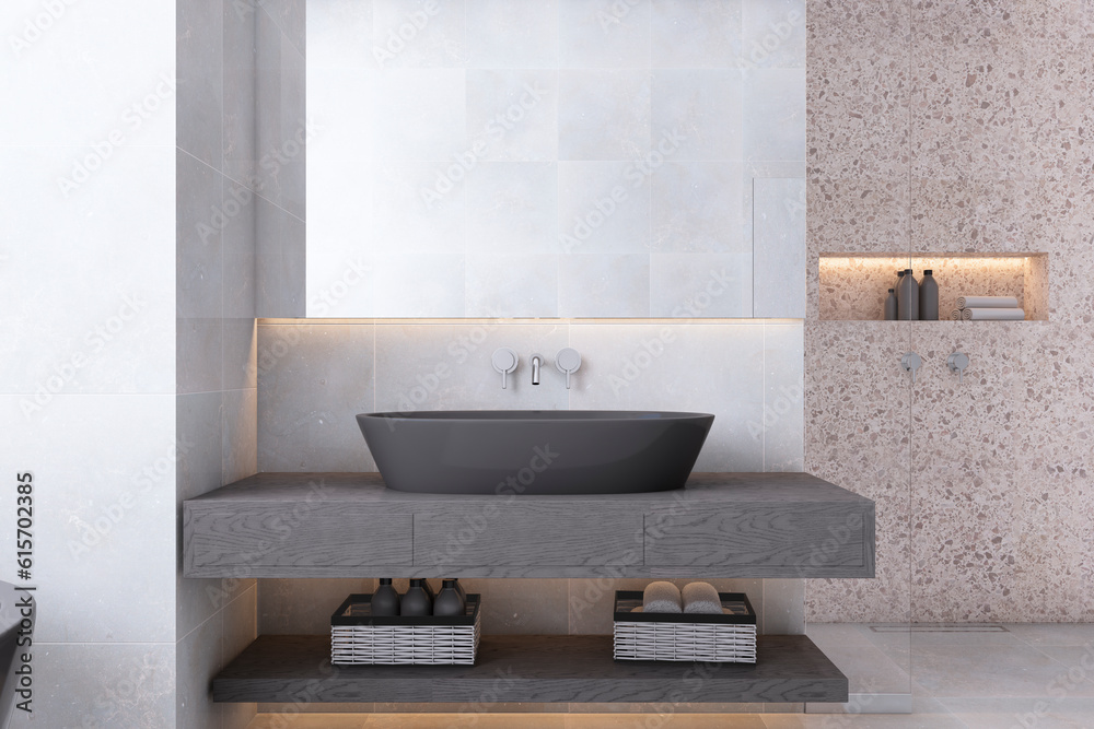 Front view of light modern bathroom interior design with tiles stone walls and black sink. 3D Render