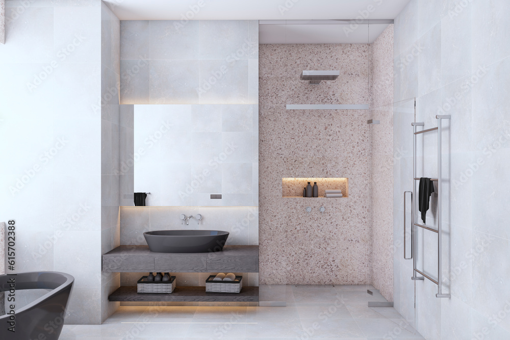 Front view of modern bathroom interior design with shower, tiles grey floor and stone walls, black b