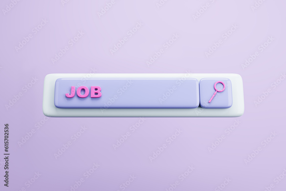 Creative digital search bar with magnifier on purple backdrop. SEO and job search concept. 3D Render