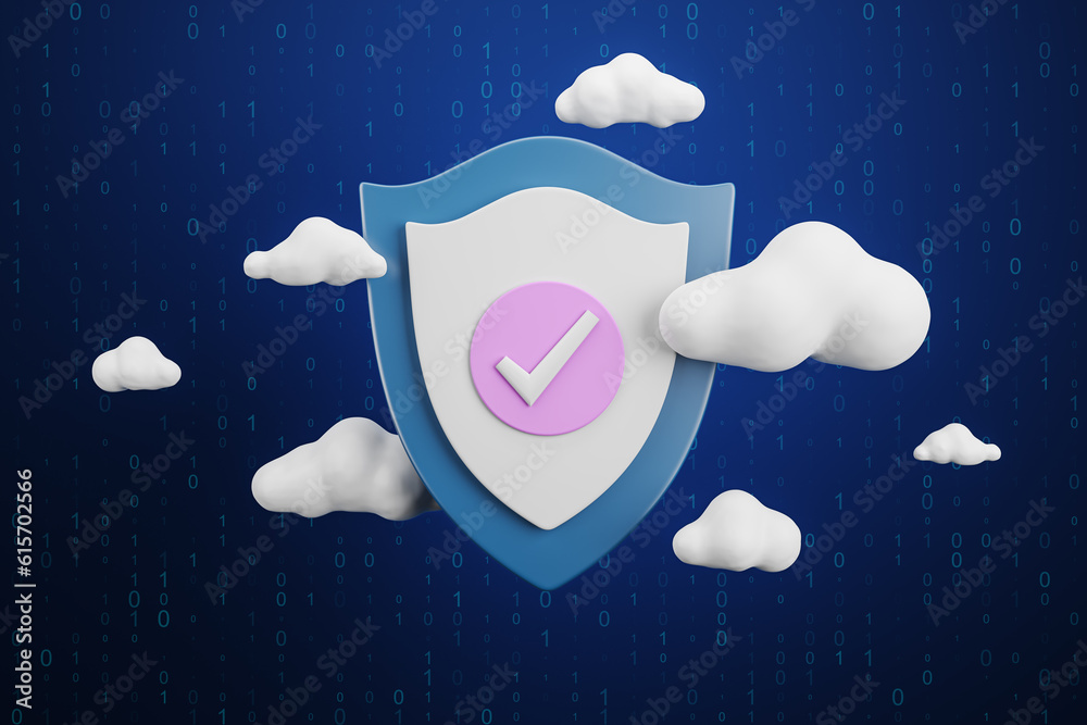 Digital shield with clouds on dark blue background. Secure online payment and data guard concept. 3D