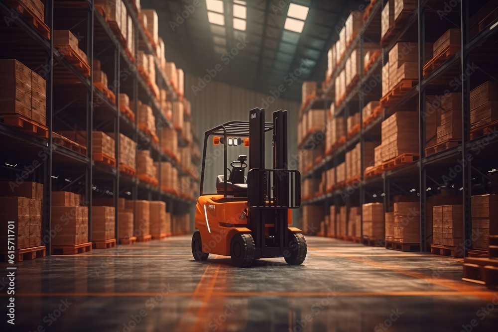 Modern forklift truck at large warehouse, Autoloader in a large modern warehouse.