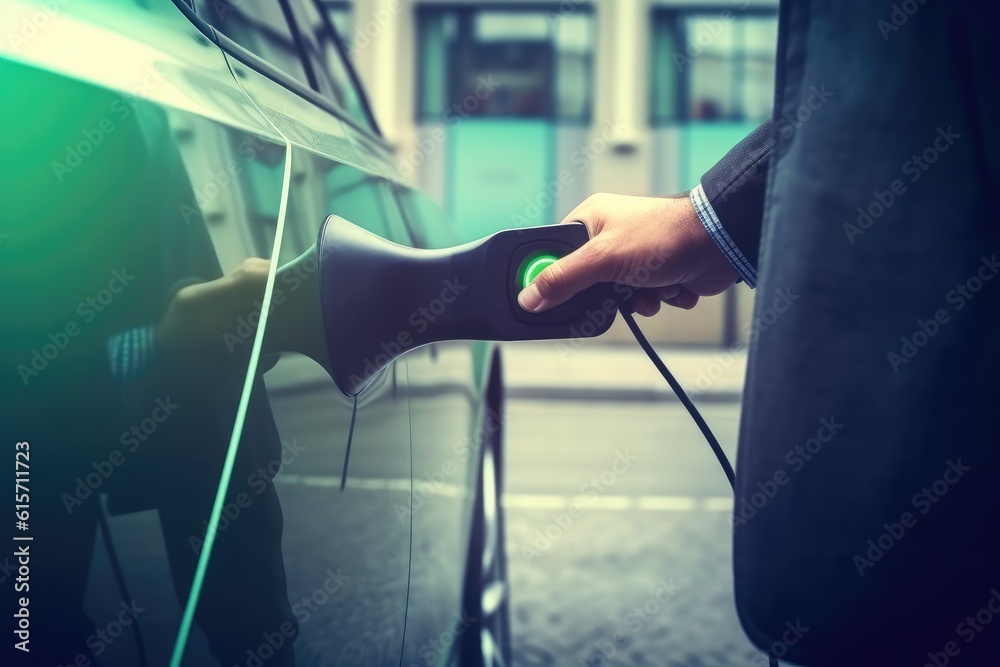 Closeup hand holding EV charger plug from public charging station for electric vehicle, eco-friendly