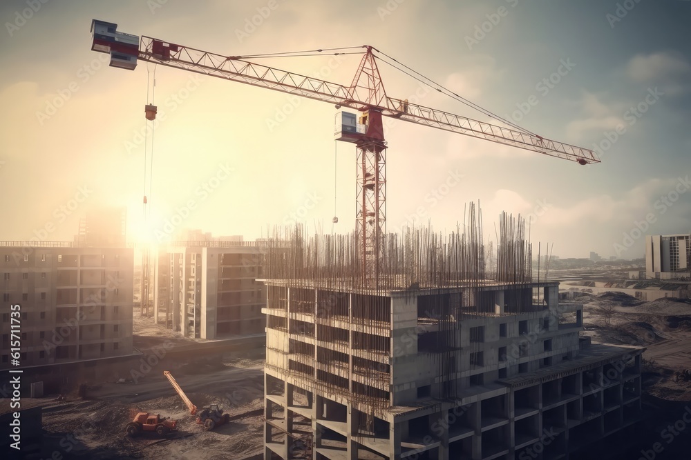 Construction cranes above the unfinished residential building, Housing construction, apartment block