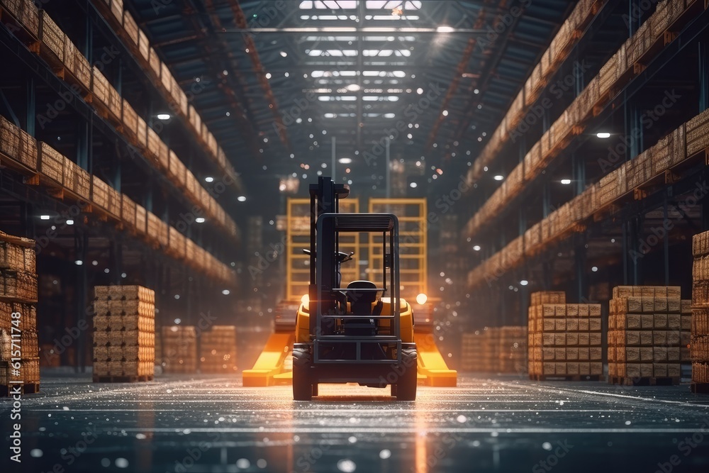 Modern forklift truck at large warehouse, Autoloader in a large modern warehouse.