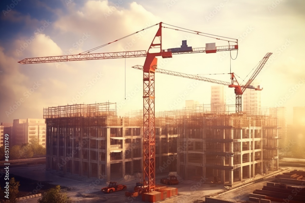 Construction cranes above the unfinished residential building, Housing construction, apartment block