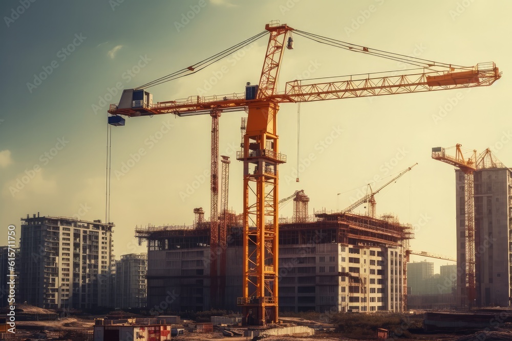 Construction cranes above the unfinished residential building, Housing construction, apartment block