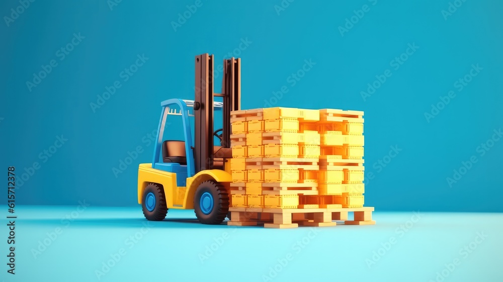 Modern forklift truck with boxes on wooden pallet on blue background, Logistics, Logistics Business.