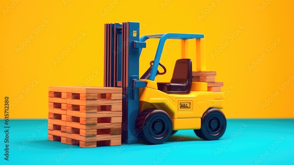 Toy forklift, Electric forklift loads, Rider stacker with boxes on pallet isolated on background.