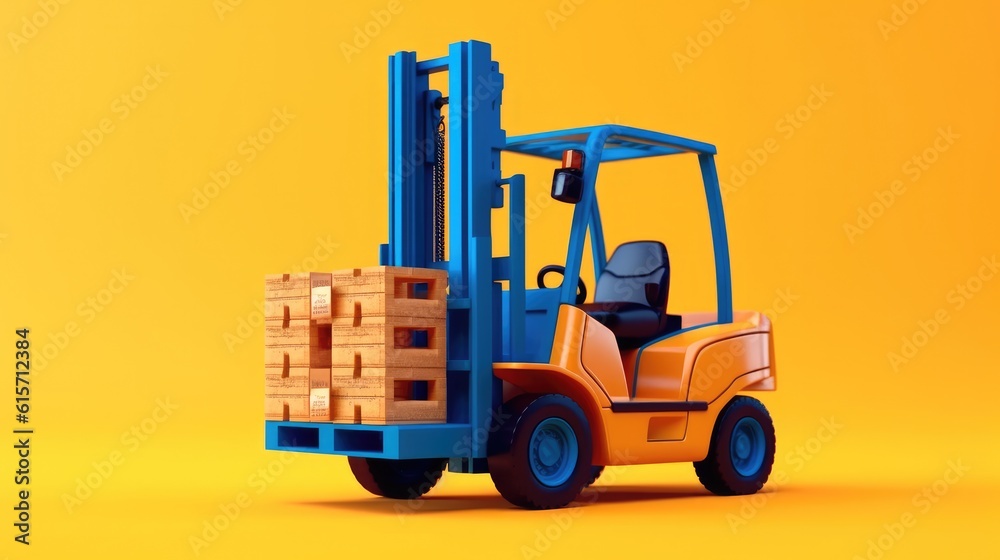 Electric forklift loads a wooden pallet on yellow background, Trade and logistics concept.