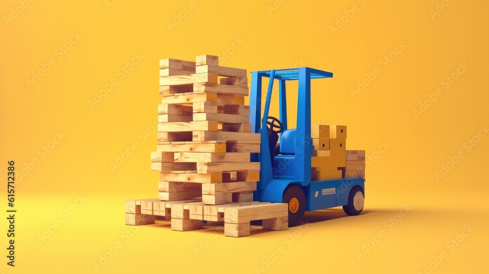 Modern forklift truck with boxes on wooden pallet on yellow background, Logistics, Logistics Busines