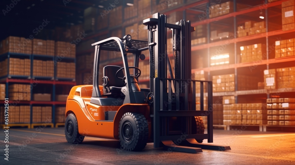 High rack stacker forklift in huge distribution warehouse with high shelves, Logistics Business.