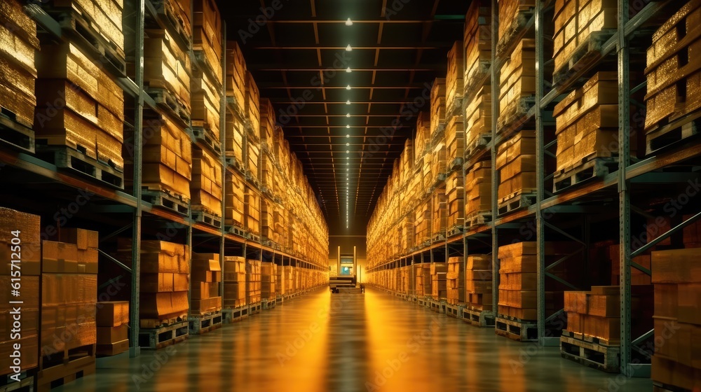 Warehouse with racks and shelves, filled with wooden boxes on pallets, Distribution products, Wareho