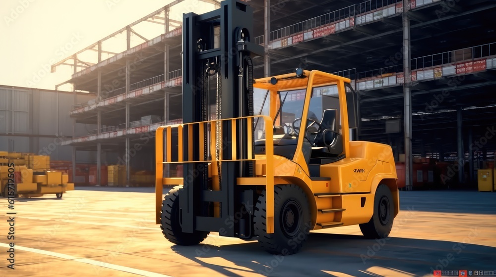 High Rack Stacker Forklift in Distribution Warehouse, Warehouse full of goods and a forklift in acti