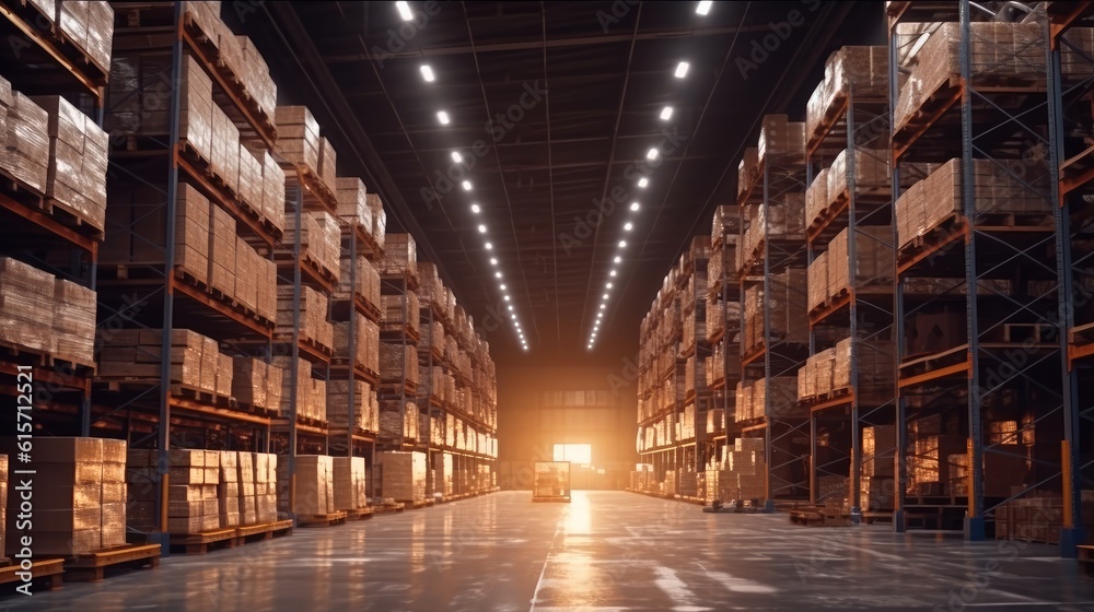 Warehouse with racks and shelves, filled with wooden boxes on pallets, Distribution products, Wareho