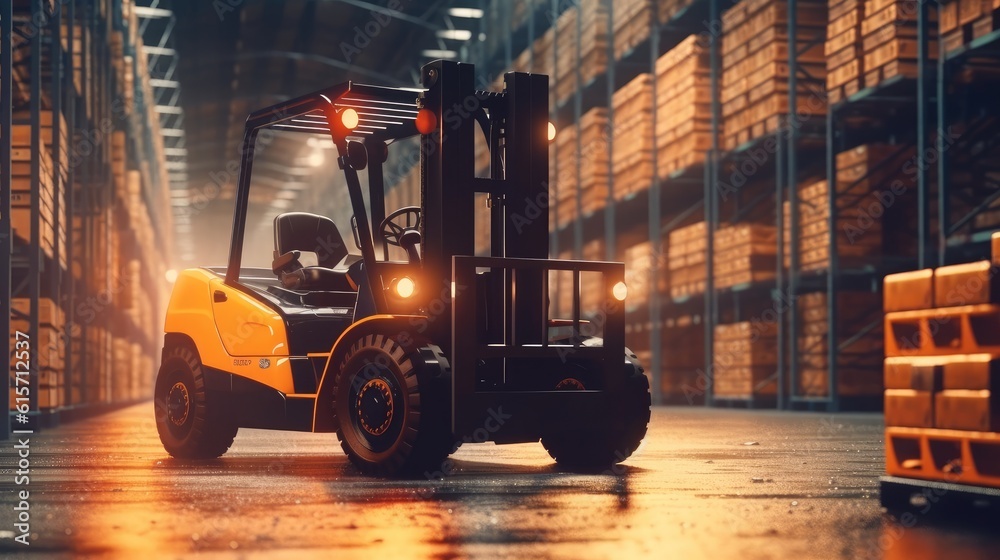 High Rack Stacker Forklift in Distribution Warehouse, Warehouse full of goods and a forklift in acti