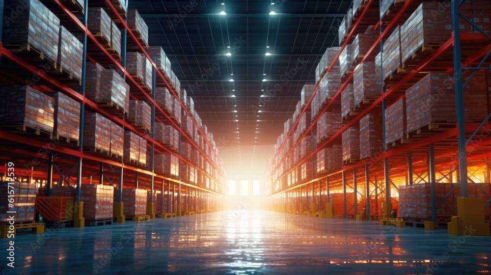 Distribution warehouse with high shelves, Logistics, Logistics Business, Interior large warehouse wi