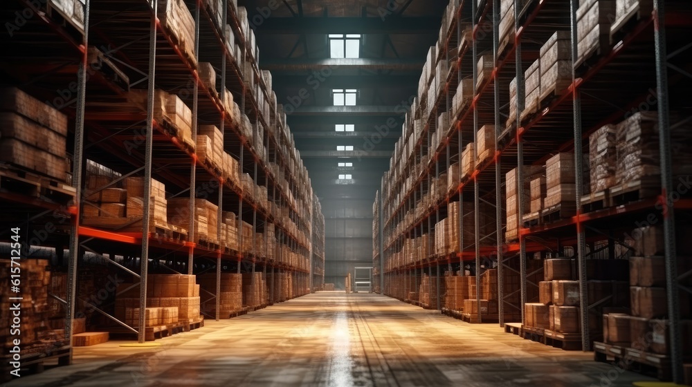 Distribution warehouse with high shelves, Logistics, Logistics Business, Interior large warehouse wi