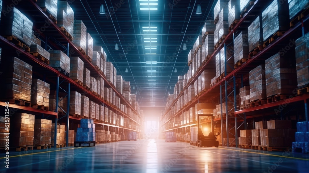 Warehouse with racks and shelves, filled with wooden boxes on pallets, Distribution products, Wareho