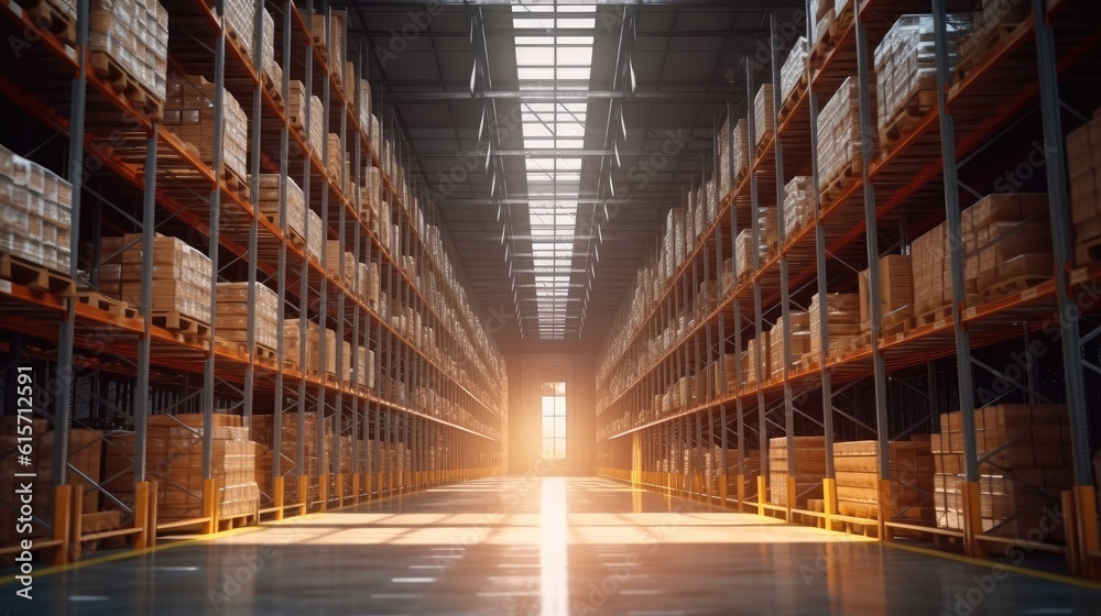 Warehouse with racks and shelves, filled with wooden boxes on pallets, Distribution products, Wareho