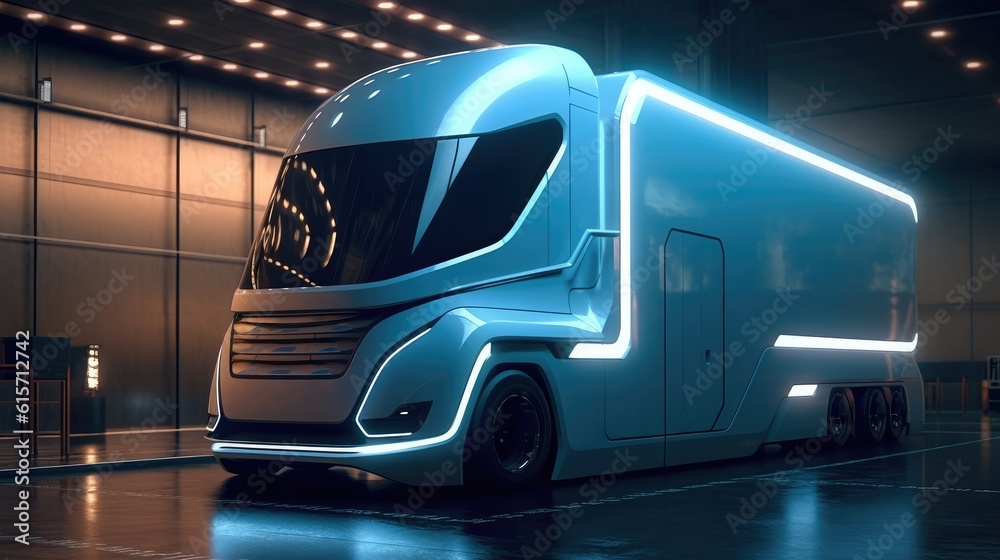 Electric autonomous truck, Futuristic Technology Concept, Autonomous Self, Truck with Cargo Trailer 