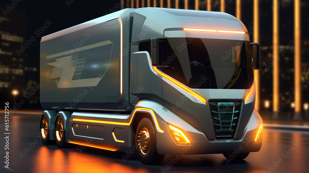 Electric autonomous truck, Futuristic Technology Concept, Autonomous Self, Truck with Cargo Trailer 