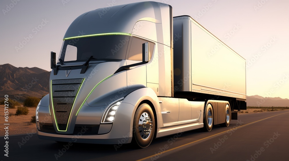 Electric autonomous truck, Futuristic Technology Concept, Autonomous Self, Truck with Cargo Trailer 