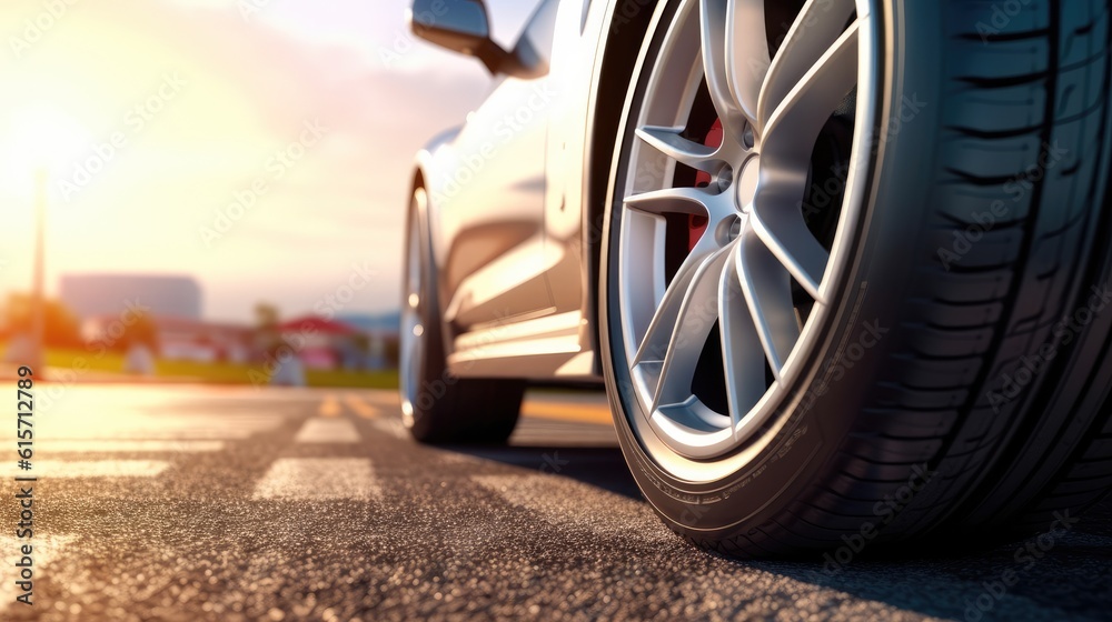 Tires on the asphalt road, Low angle side view of car driving fast at sunset.