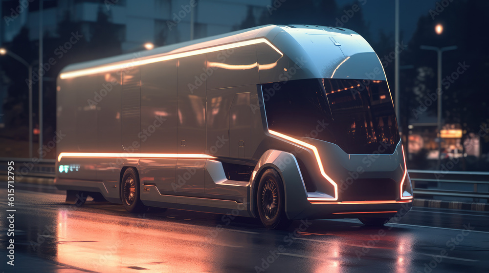 Electric autonomous truck, Futuristic Technology Concept, Autonomous Self, Truck with Cargo Trailer 