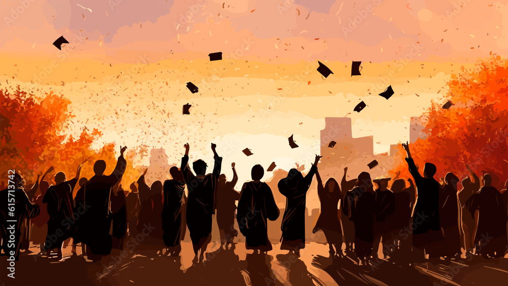 Silhouettes of people on the graduation day. Illustration. Generative AI.