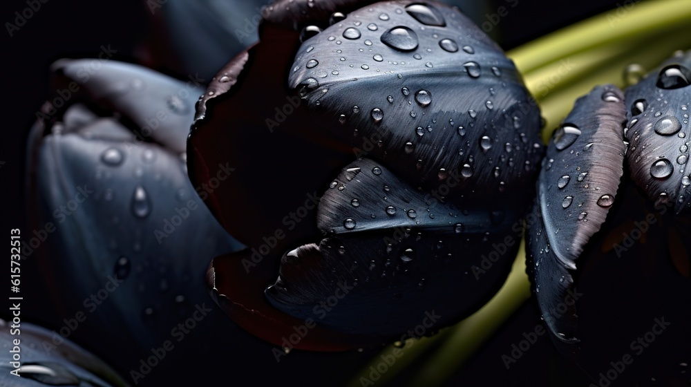 Black Tulips flowers with water drops background. Closeup of blossom with glistening droplets. Gener