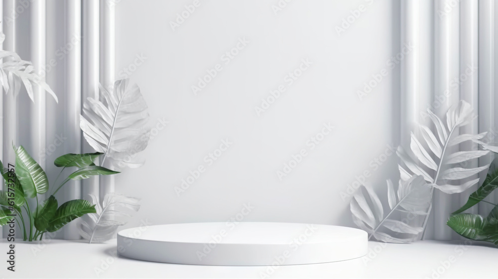 Podium with flowers on white background to display products, gift or cosmetics. Generative AI